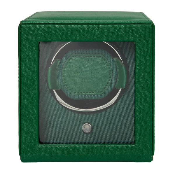 Front view of a closed CUB Winder in green vegan leather