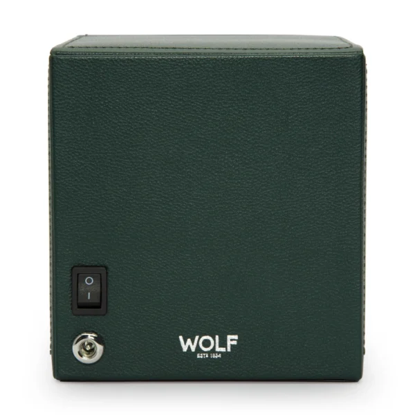 back view of a CUB Winder in hunter green vegan leather, power switch visible