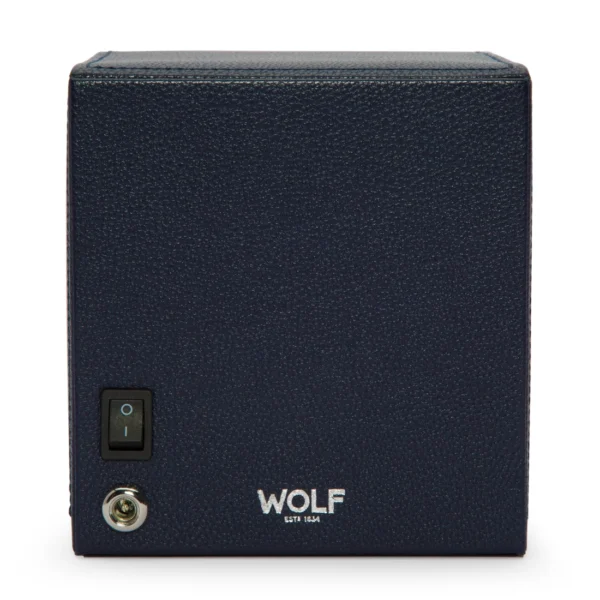 back view of an open CUB Winder in navy vegan leather, showing power switch