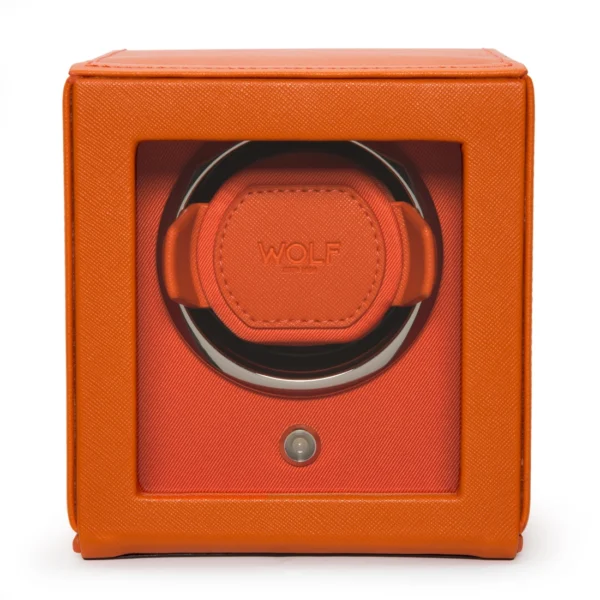 front view of a closed CUB Winder in orange vegan leather