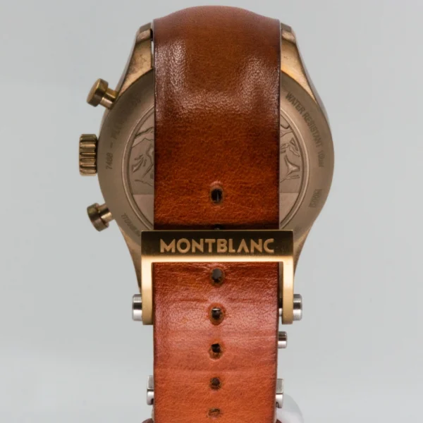 Back view, focused on the buckle, of a Montblanc 1858 Automatic in Bronze