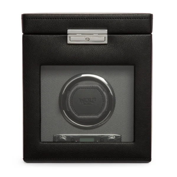 front facing view of a closed VICEROY single watch winder in vegan leather