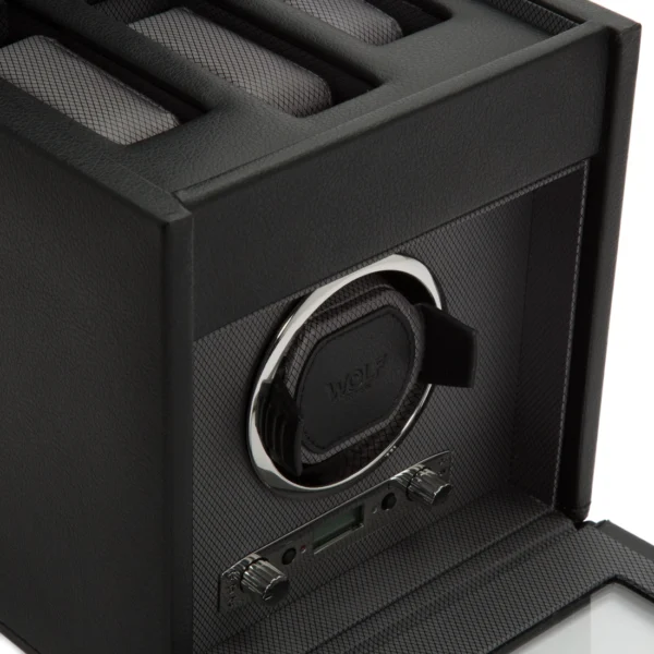 Close up side view of an open VICEROY single watch winder in vegan leather