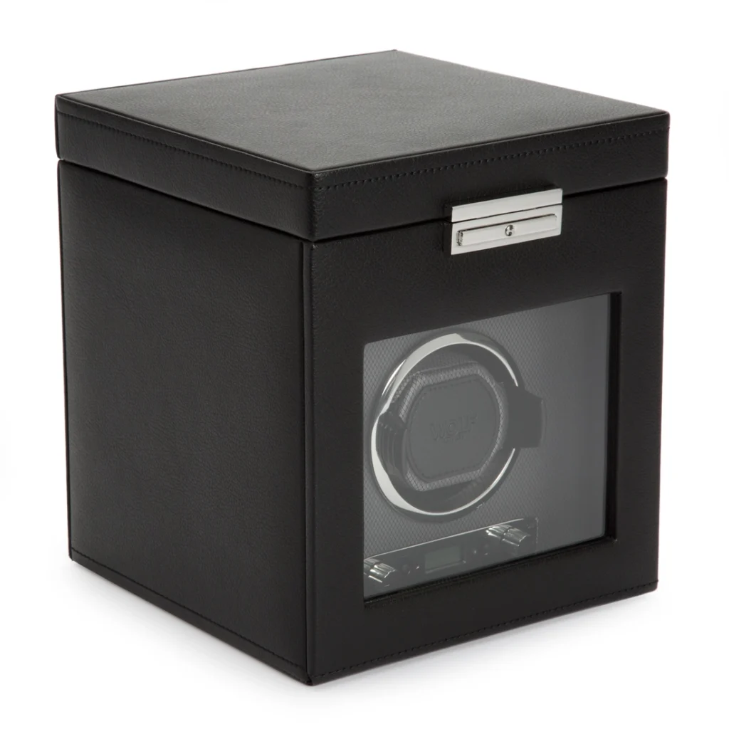 Side view of an open VICEROY single watch winder in vegan leather