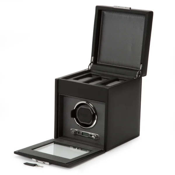 Side view of an open VICEROY single watch winder in vegan leather, showing winder and 3 watch storage