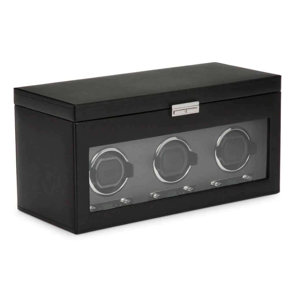 Side view of a closed VICEROY triple watch winder in vegan leather