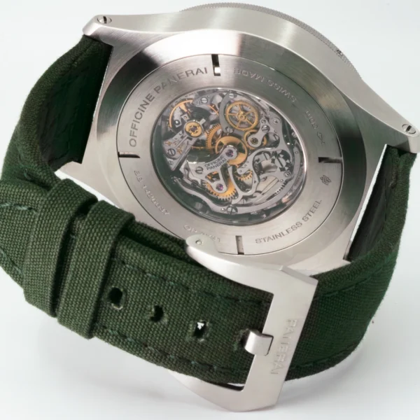 Caseback view, showing exhibition caseback and movement, of a Pre-owned Panerai Mare Nostrum PAM00300